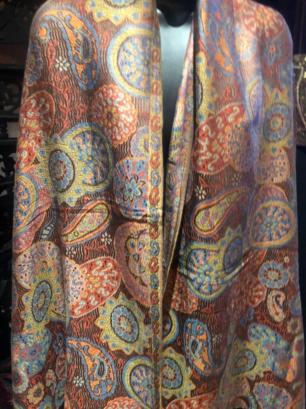 Paisley Brocade Brown Orange Scarf Vintage Wrap Pashmina