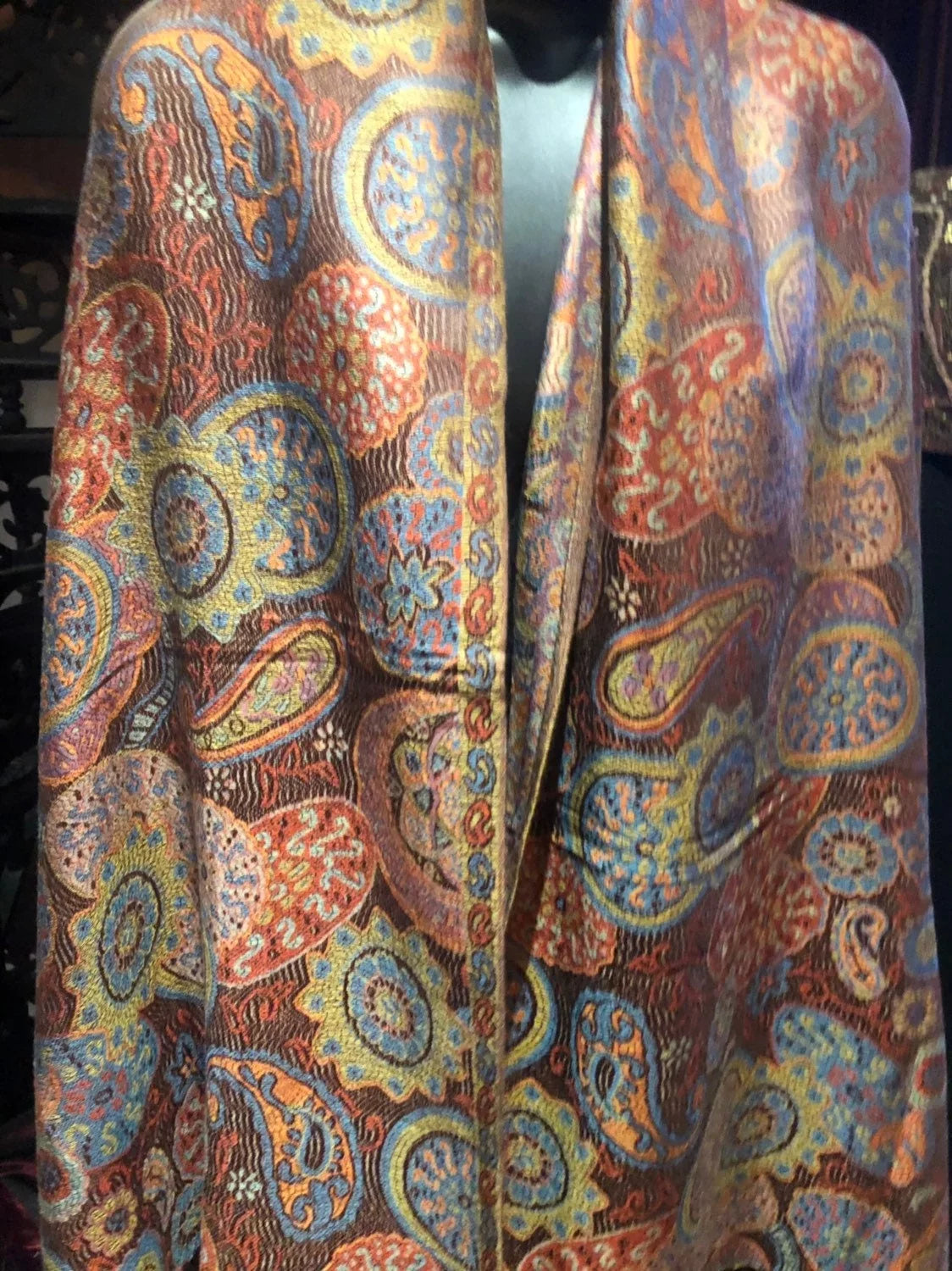 Paisley Brocade Brown Orange Scarf Vintage Wrap Pashmina