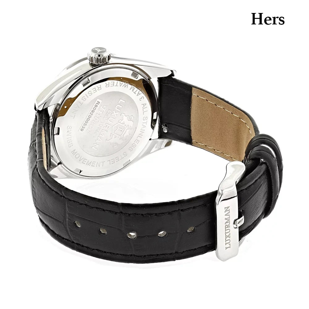 Leather Band and Watches Diamond His Swiss Hers w MOP Black White Mvt Real Matching