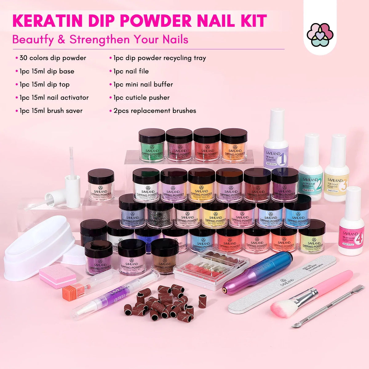 Powder Top Kit Kit Electric Base Coat Liquids Drill Powder and Drill and Dip Set, with Saviland Oil Powder Dip - Nail Keratin Nails 30 Cuticle Colors Dipping with Activator