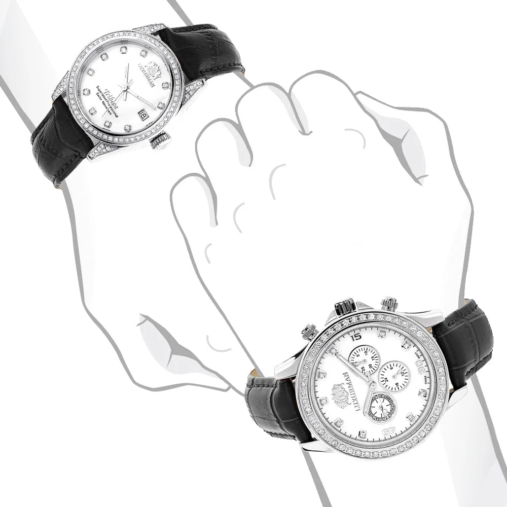 Leather Band and Watches Diamond His Swiss Hers w MOP Black White Mvt Real Matching