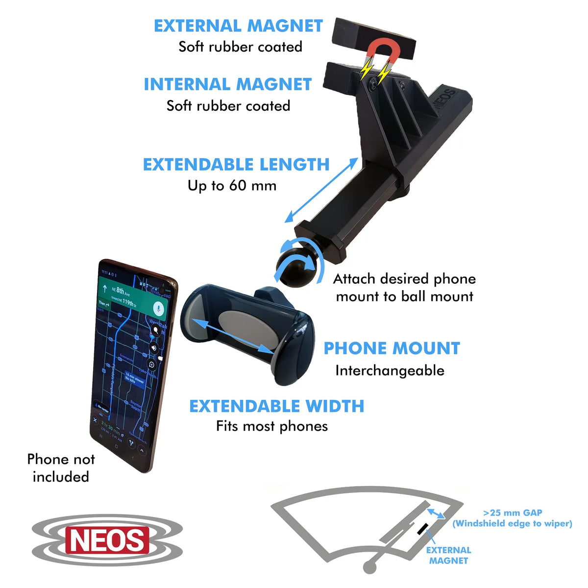 Best Smartphones (Mount NEOS Mount iPhone, Huawei, Windshield Phone Boat Version Magnetic and for Reliable Car Nokia, Vehicle Samsung, Holder D) Universal LG, and Moto,