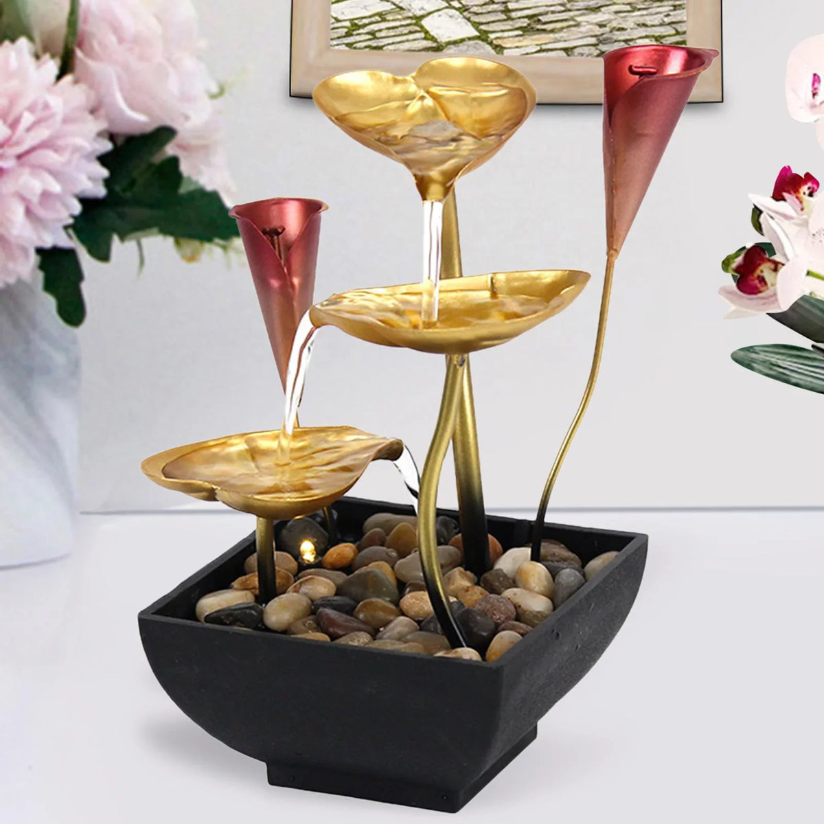 for Indoor Water Fountain Warm Garden with Farmhouse Lighted Fountain Waterfall Light Decoration Home Water Tabletop LED Circular