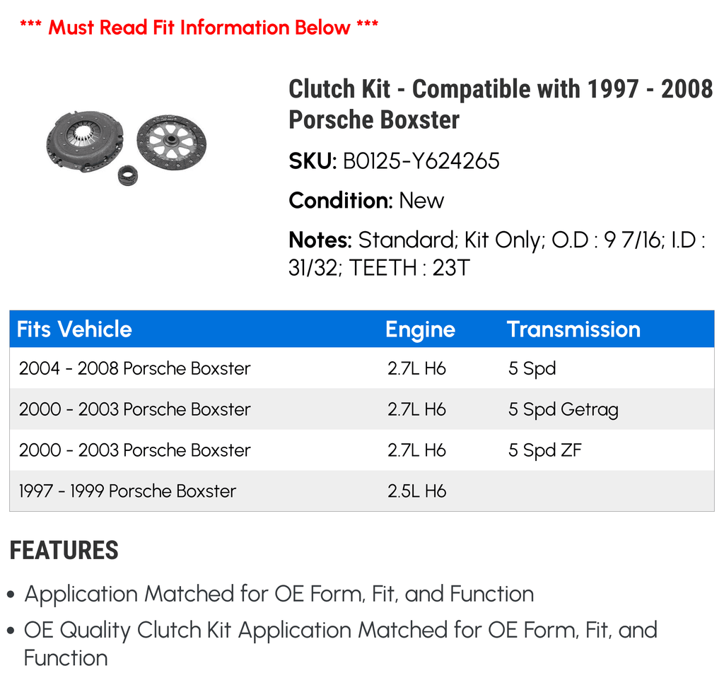 2007 2008 2001 2004 Boxster 1998 Clutch 1997 Compatible 1999 - Porsche 2000 2003 - 2006 Kit 2005 with 2002