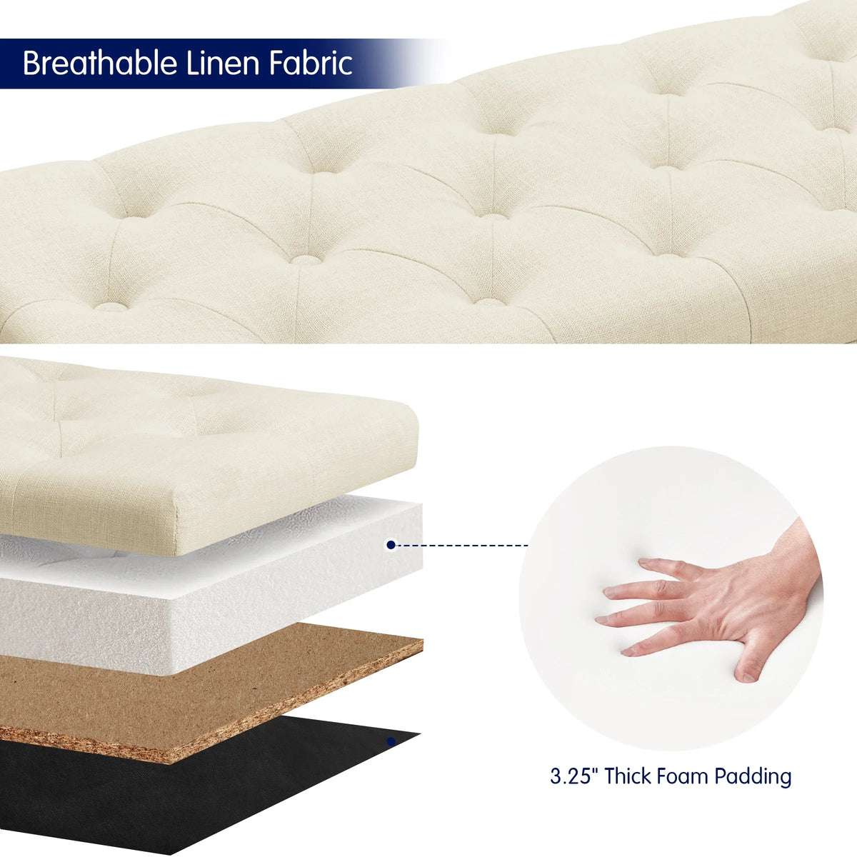 with Plastic Bench of Stool Beige Storage Linen Foot Fabric Storage with 40.5" Bed Legs Ottoman Pads, for End Sturdy Bedroom, Bench Subrtex