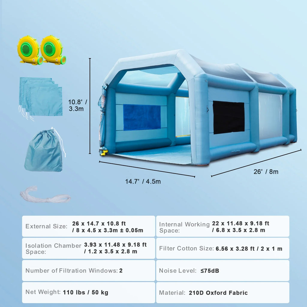 26x15x11ft Inflatable Paint 750W+950W Blower System with SKYSHALO Spray Tent Booth Inflatable Paint Car Booth Filter