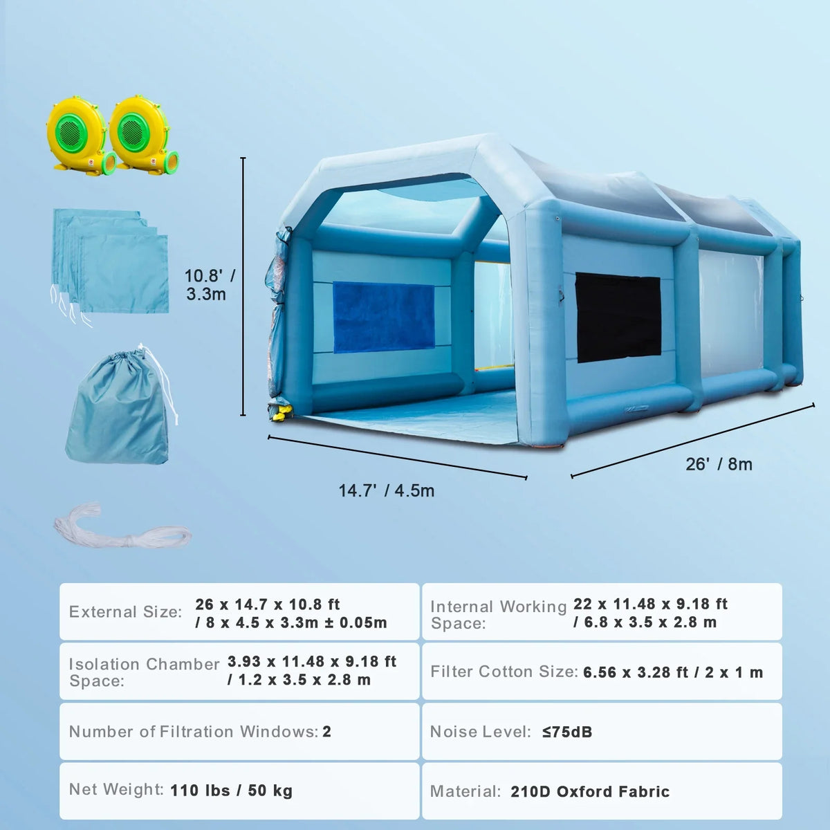 26x15x11ft Inflatable Paint 750W+950W Blower System with SKYSHALO Spray Tent Booth Inflatable Paint Car Booth Filter