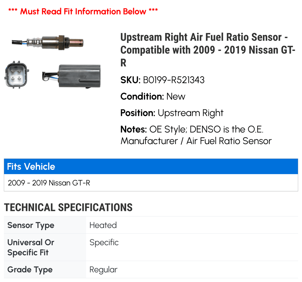 2013 Ratio 2015 2010 2012 Compatible 2018 2009 Sensor 2016 Upstream 2019 GT-R - 2014 2017 Nissan 2011 Air - Right with Fuel