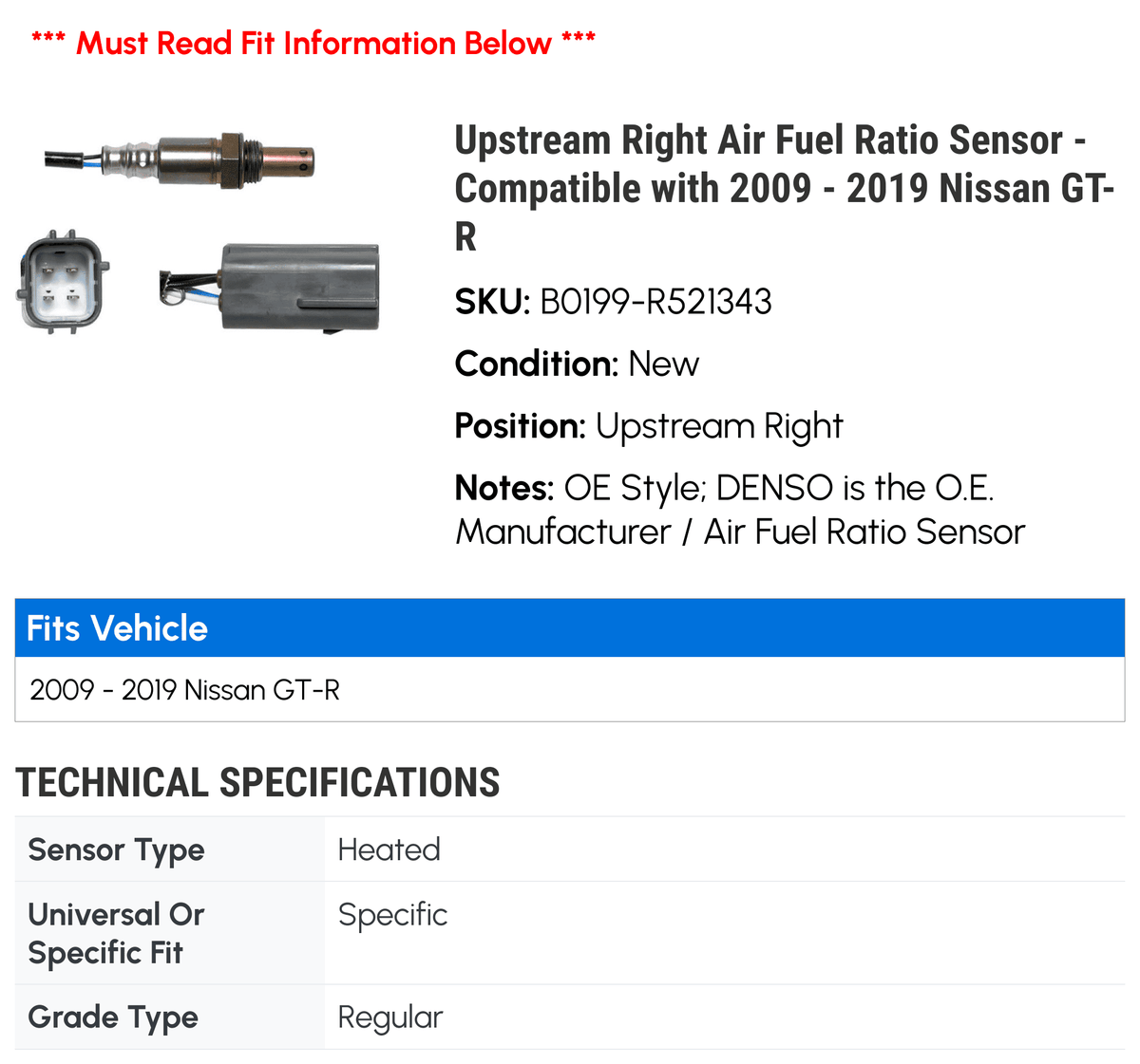 2013 Ratio 2015 2010 2012 Compatible 2018 2009 Sensor 2016 Upstream 2019 GT-R - 2014 2017 Nissan 2011 Air - Right with Fuel