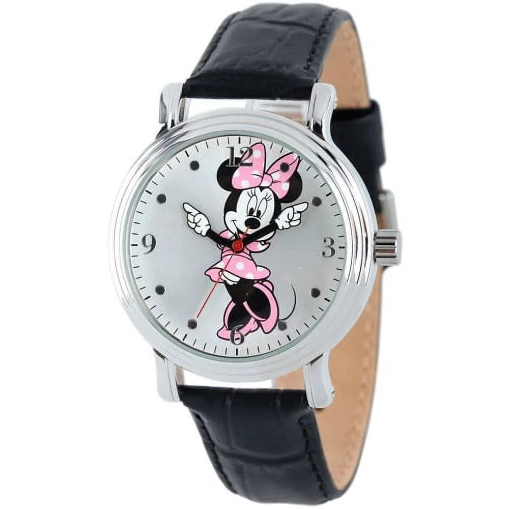 Leather Case Vintage Black Shinny Silver Mouse Articulating Alloy Strap Watch, Minnie Women's