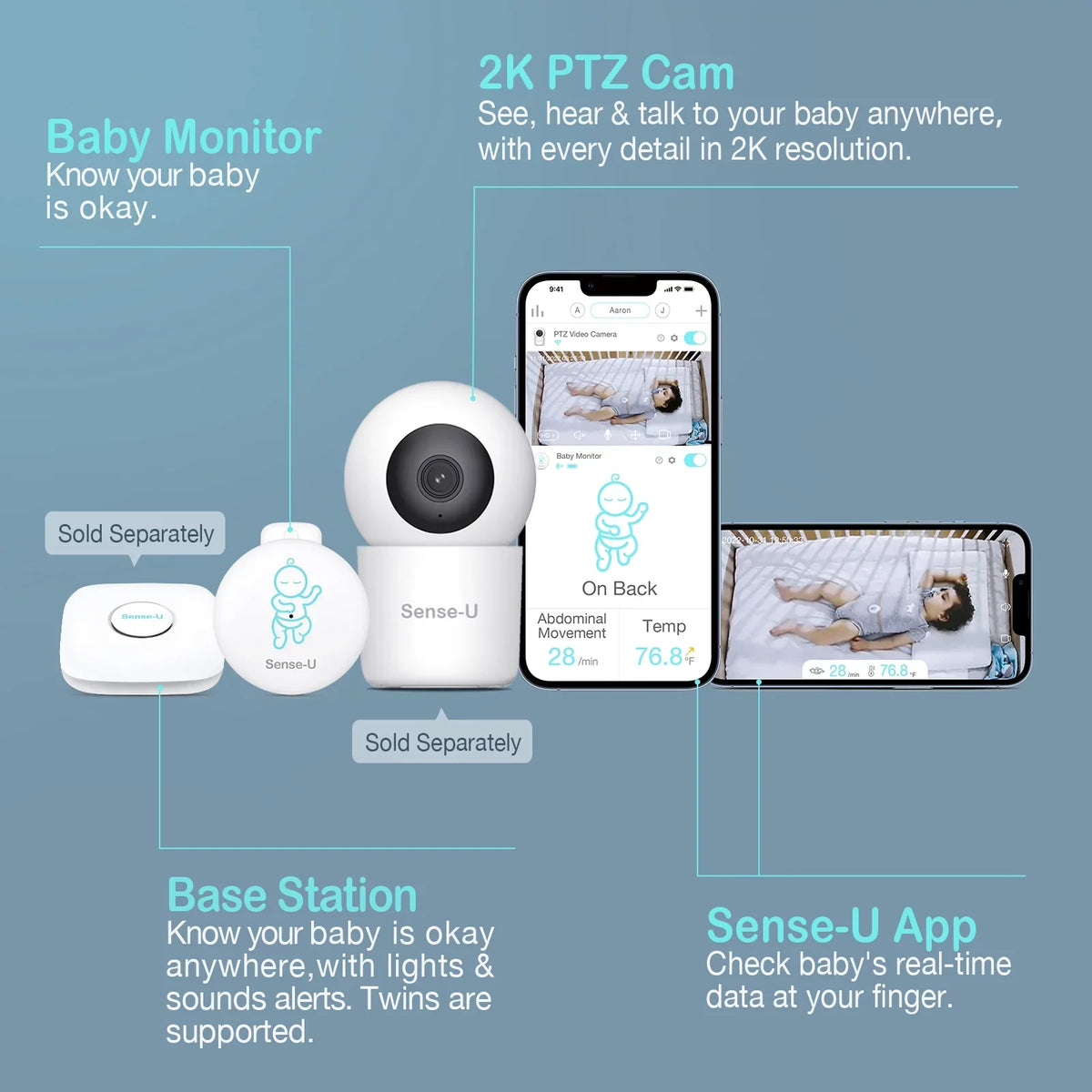 Temperature, Position Monitor on with Baby's Abdominal Sleeping Tracks Movement Smartphones, Pink Baby Alerts Abdominal Movement, Instant Baby for Smart Audio - Rollover Safety Sense-U and