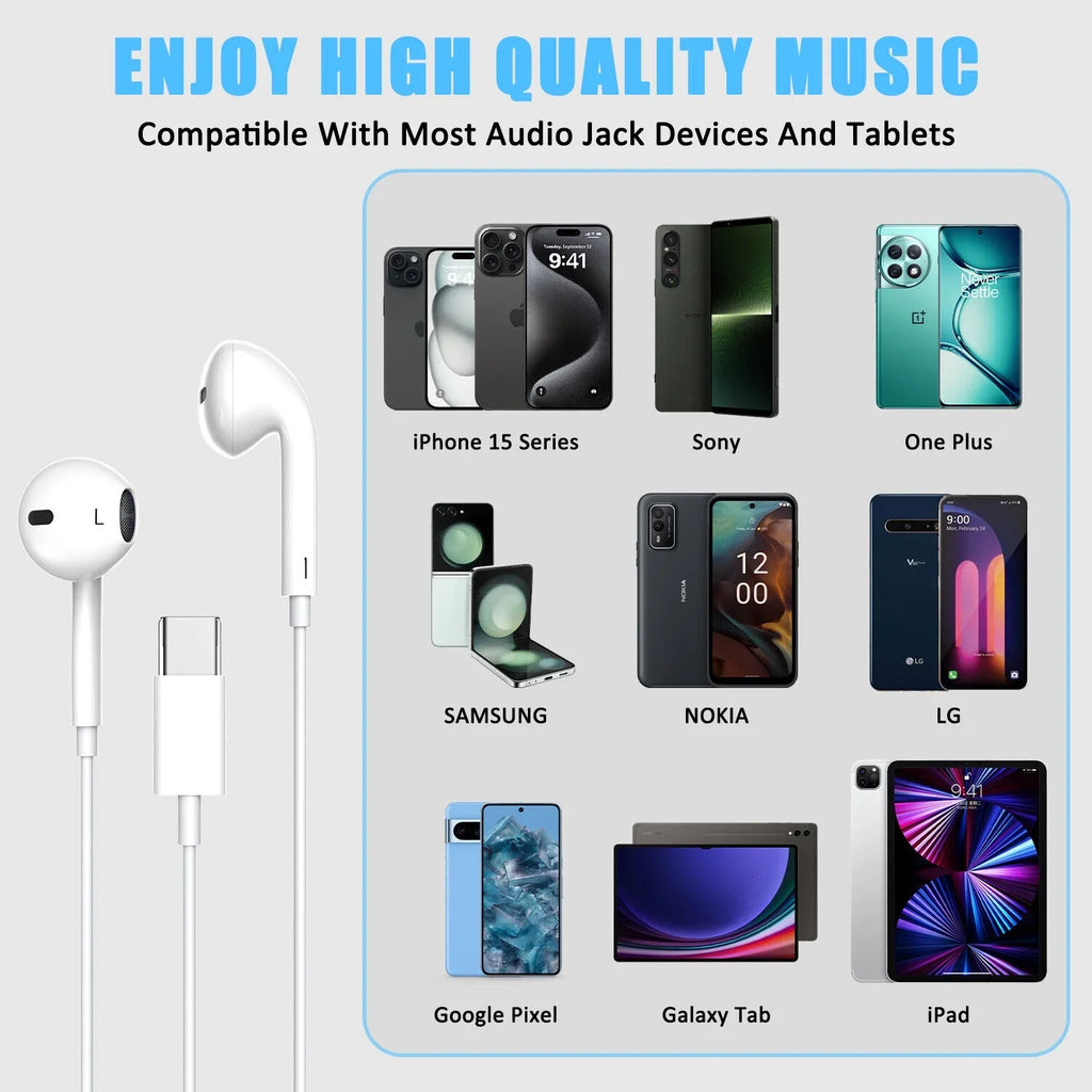 Type-C Headphones For Earbuds 15 Stereo iPhone Wired USB Pro Max,Plus,iPad Pro