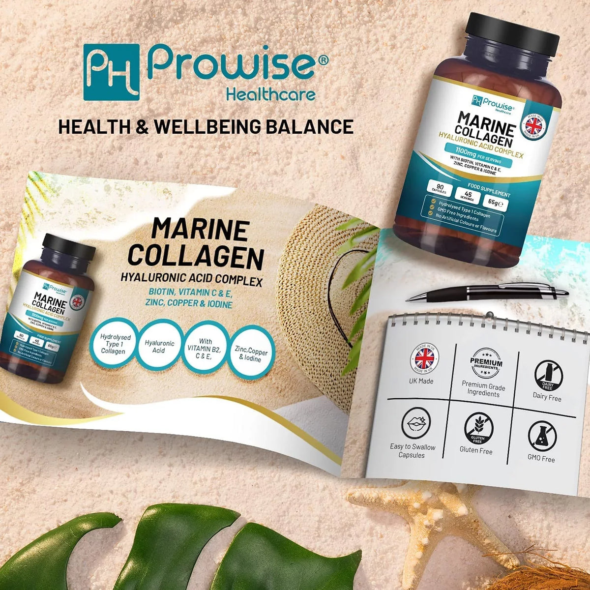 E, by - Acid and Healthcare Marine | Hyaluronic Made with B2, Acid, The Hyaluronic Biotin, C, Prowise for 90 Copper, | Boosted Collagen Iodine Women 1100mg Vitamins in Men UK and with Capsules Zinc