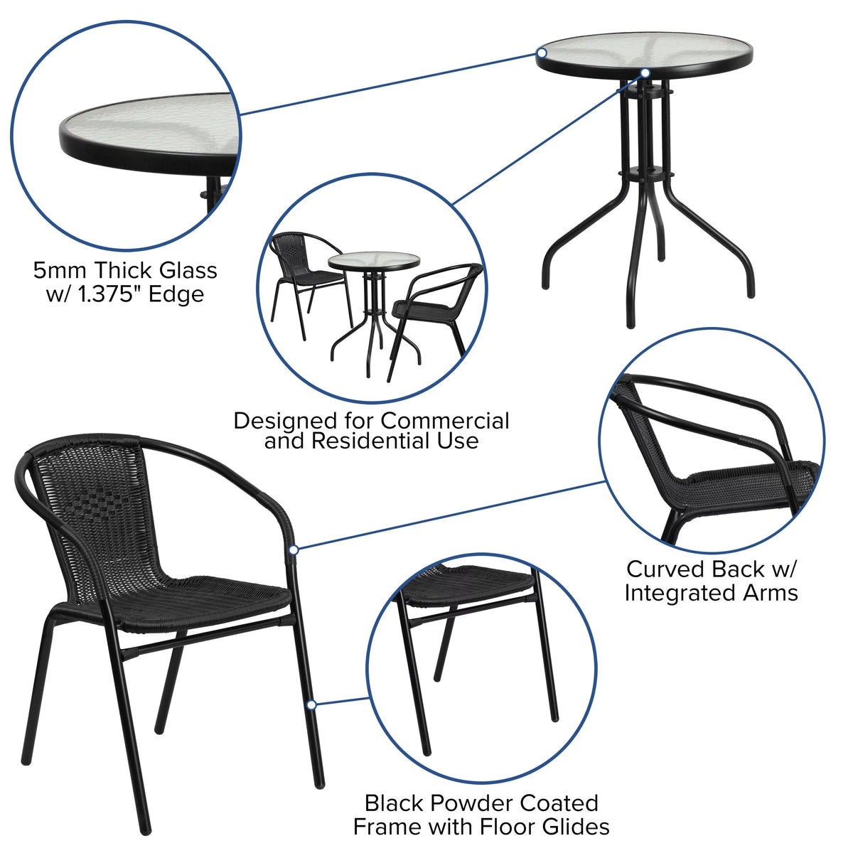 Metal 23.75"W 23.75"D x Table 28"H 23.75"D x Chairs Round 23.75"W with Rattan x Glass Flash 23.75" Furniture - Stack - 28"H x 2