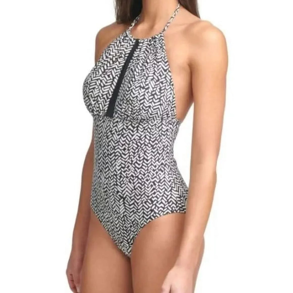 Piece NECKLINE UV REMOVABLE Tummy Printed CUPS Full 14 Stretch One HALTER Protection Coverage Swimsuit Women's Control KLEIN Black CALVIN