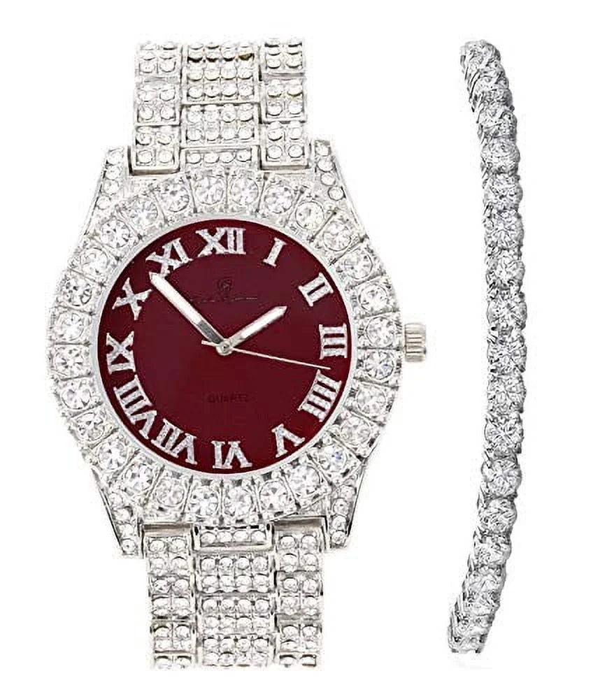 Colored with Out Raymond Blinged Burgundy) and Silver Hip Dial Hop Set Wristwatch Bracelet Numerals Tennis (TLA - Out Rocks Sparkling Roman Bezel Iced - Women's ST10327LA Charles Fully Big