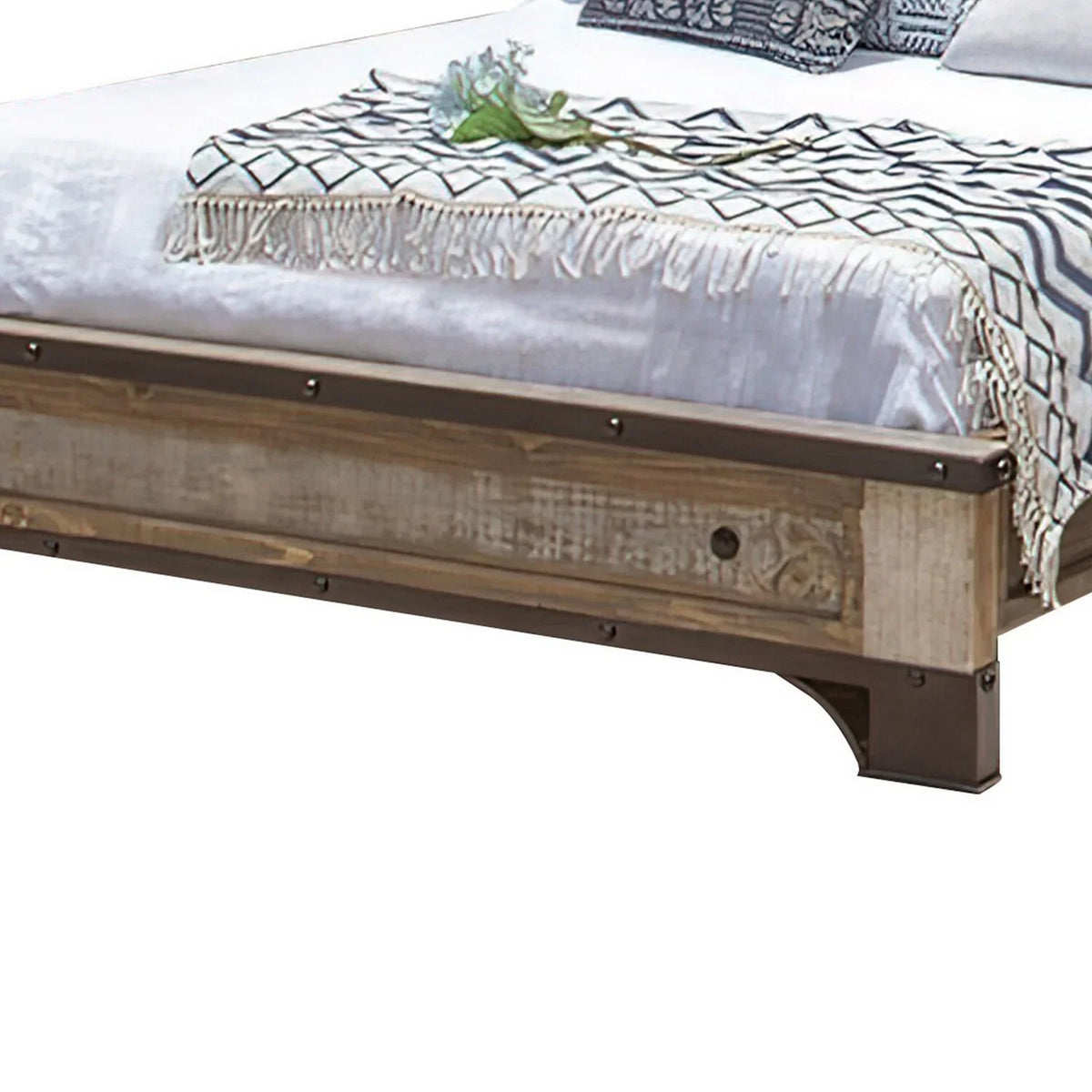 Wood Size Nailheads, King Multicolor Round Black Brown Benjara Distressed Fena Bed,