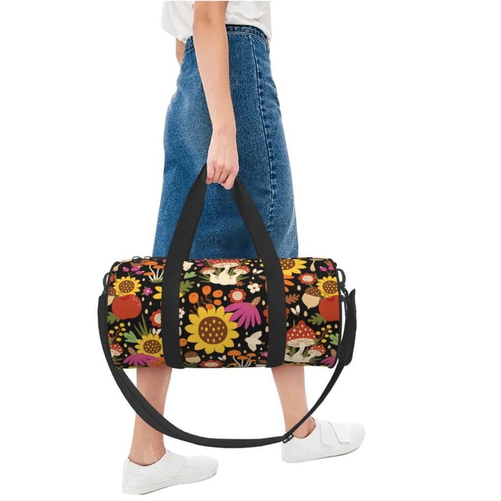 Bag Coaee Pocket with Travel and Capacity Waterproof Sports Bag Cylinder Bag Compartment Large Luggage Sunflowers Gym Mushrooms