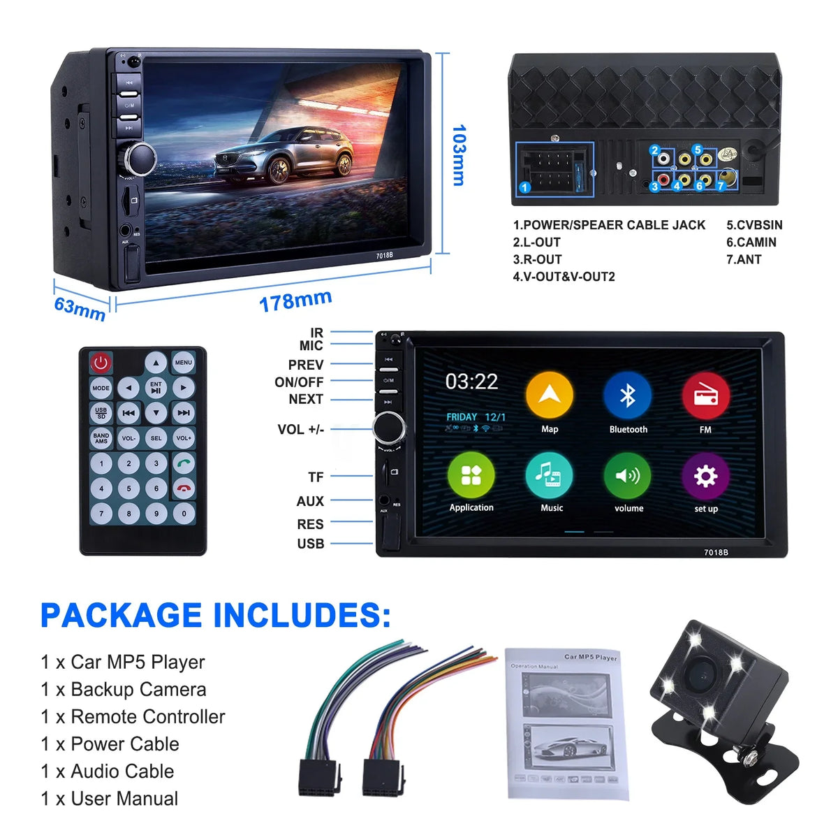Camera Din Support Free - Backup Calling Car Stereo 7" Double Bluetooth Screen Car Radio Car Mirror with Radio Touch Hands Receiver Link/USB/SD/AUX, Radio Audio