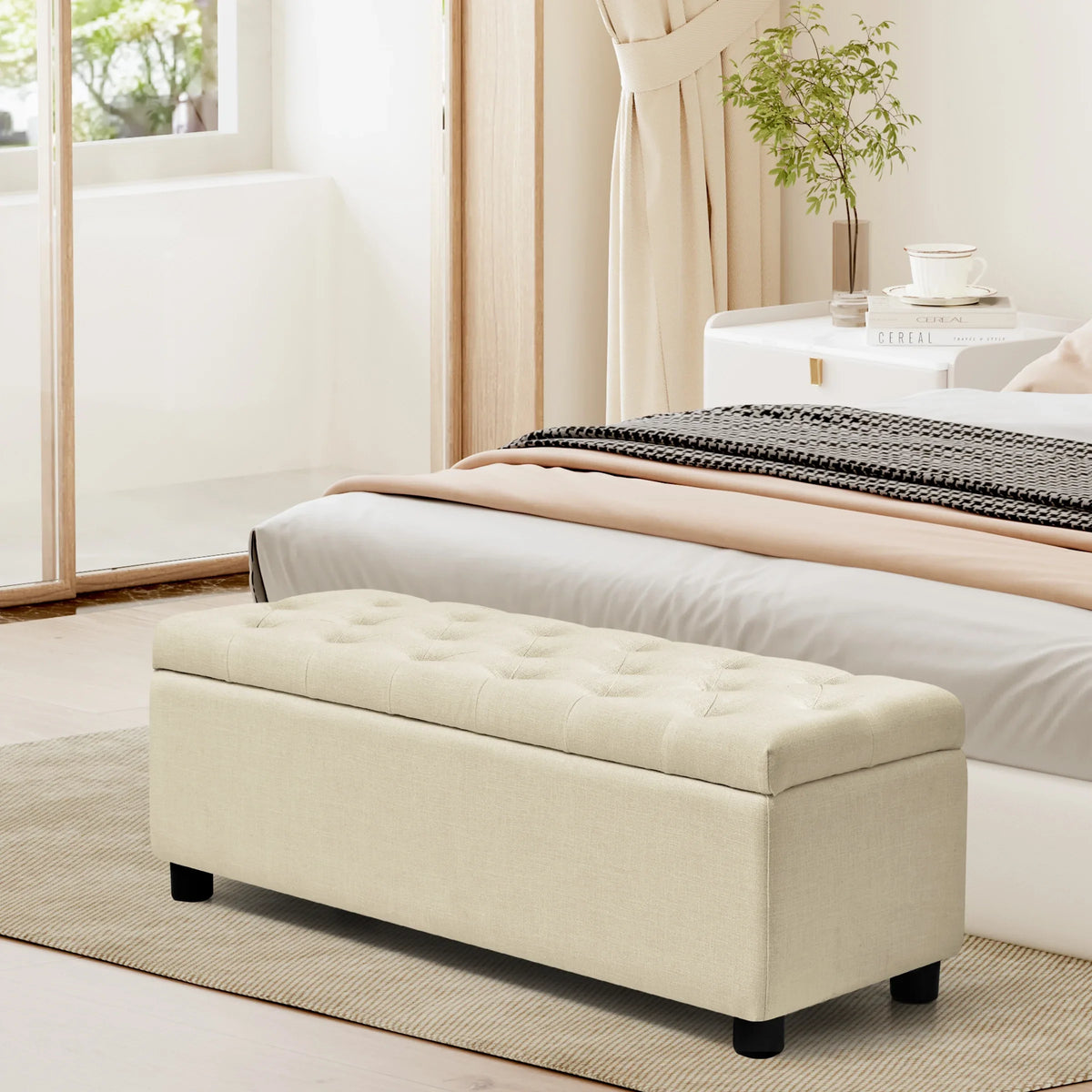 with Plastic Bench of Stool Beige Storage Linen Foot Fabric Storage with 40.5" Bed Legs Ottoman Pads, for End Sturdy Bedroom, Bench Subrtex