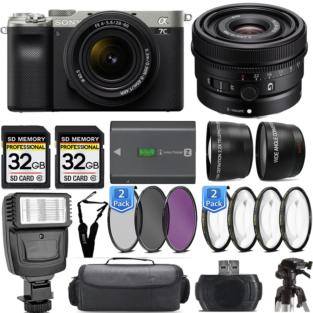 a7C Kit f/2.8 +Flash- G Lens+24mm Camera 28-60mm Sony (Silver) Lens Mirrorless with