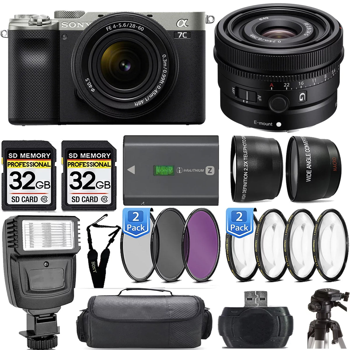 a7C Kit f/2.8 +Flash- G Lens+24mm Camera 28-60mm Sony (Silver) Lens Mirrorless with