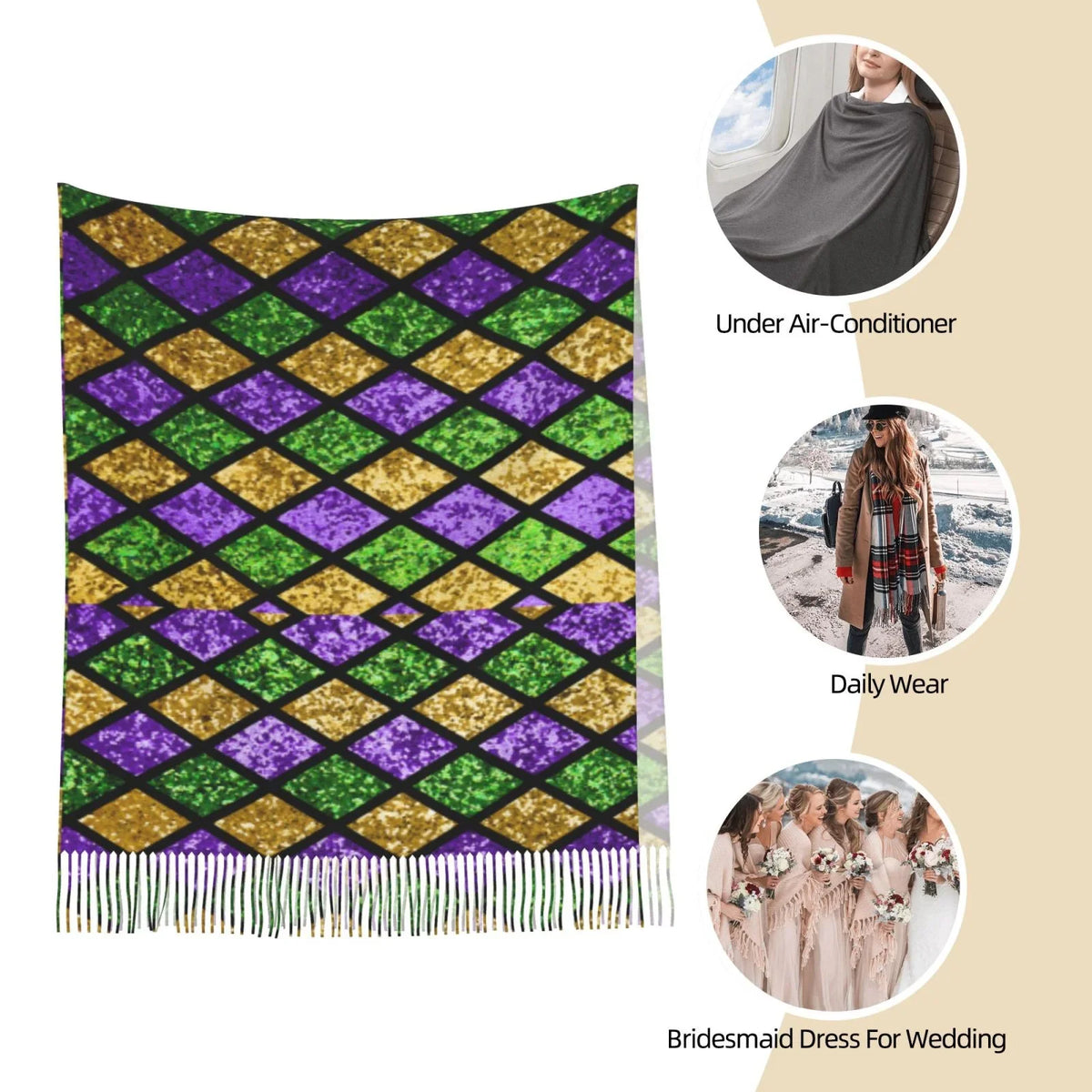 Gras Print Wrap Bingfone Scarf Winter Mardi Green Cashmere Shawl Scarves Elegant Feel For Purple Large Warm Shiny Gifts- Art Soft Women