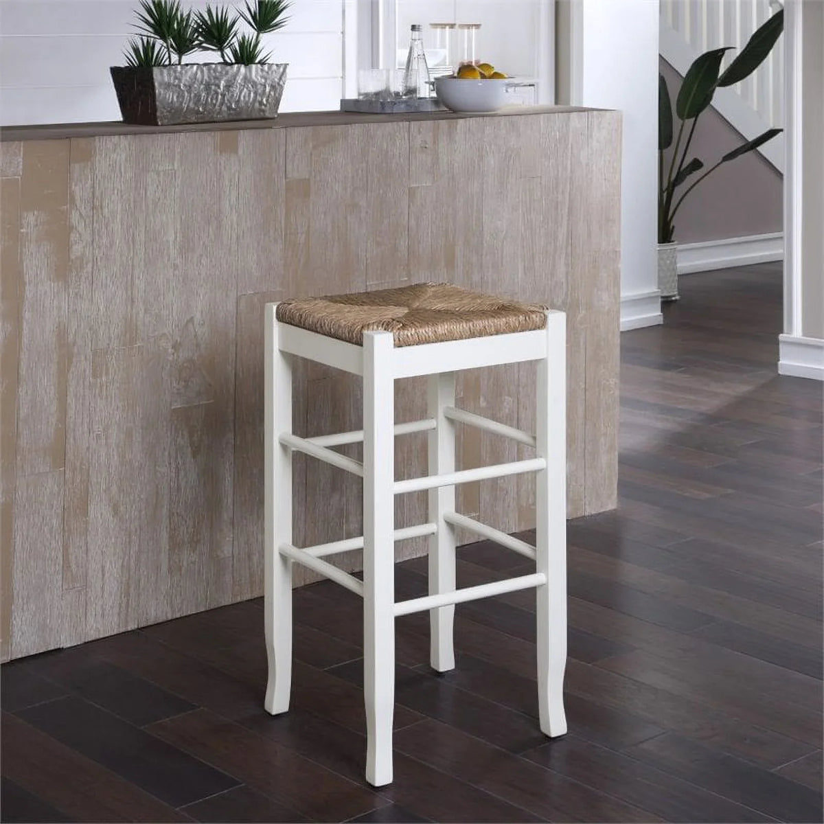 29" White Square Stool Square Rush in of Home Set 2 Stationary - Bar