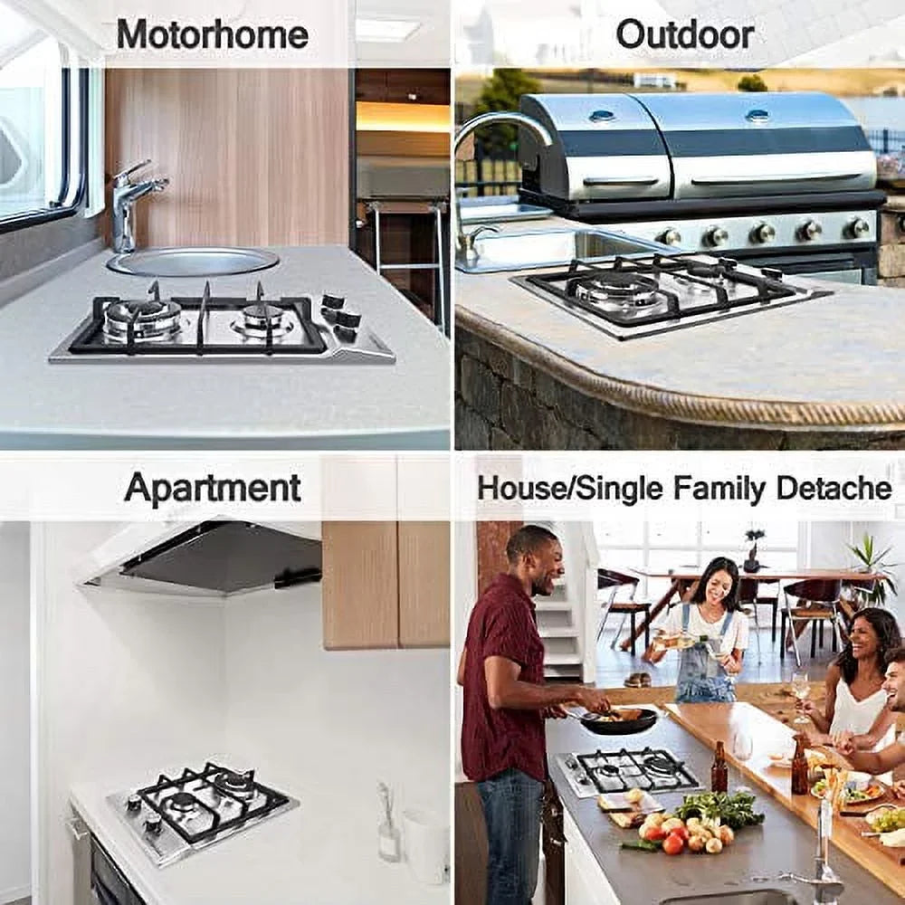 Stainless RVs, Stove Inches for Cooktop Steel Fuel to 2 Portable Gas Dual Gas LPG/NG Burners,12 Gas Built-in Hob Outdoor Easy Clean Apartments,