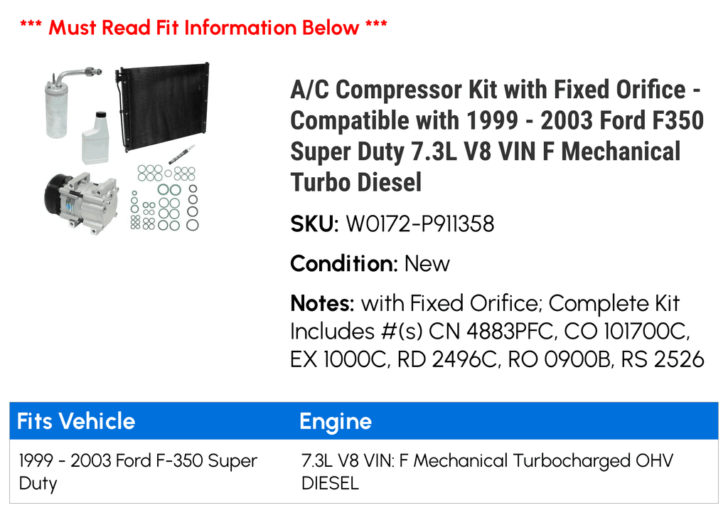 Duty 1999 Ford Kit V8 Compatible A/C F 2002 - Orifice - Fixed with Compressor Turbo F350 7.3L 2001 2000 Diesel Super VIN with 2003 Mechanical