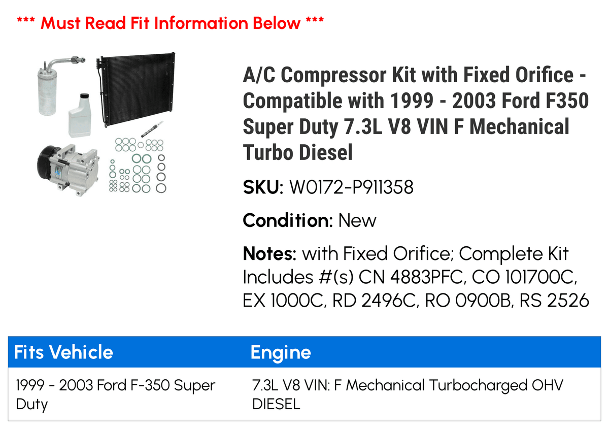 Duty 1999 Ford Kit V8 Compatible A/C F 2002 - Orifice - Fixed with Compressor Turbo F350 7.3L 2001 2000 Diesel Super VIN with 2003 Mechanical