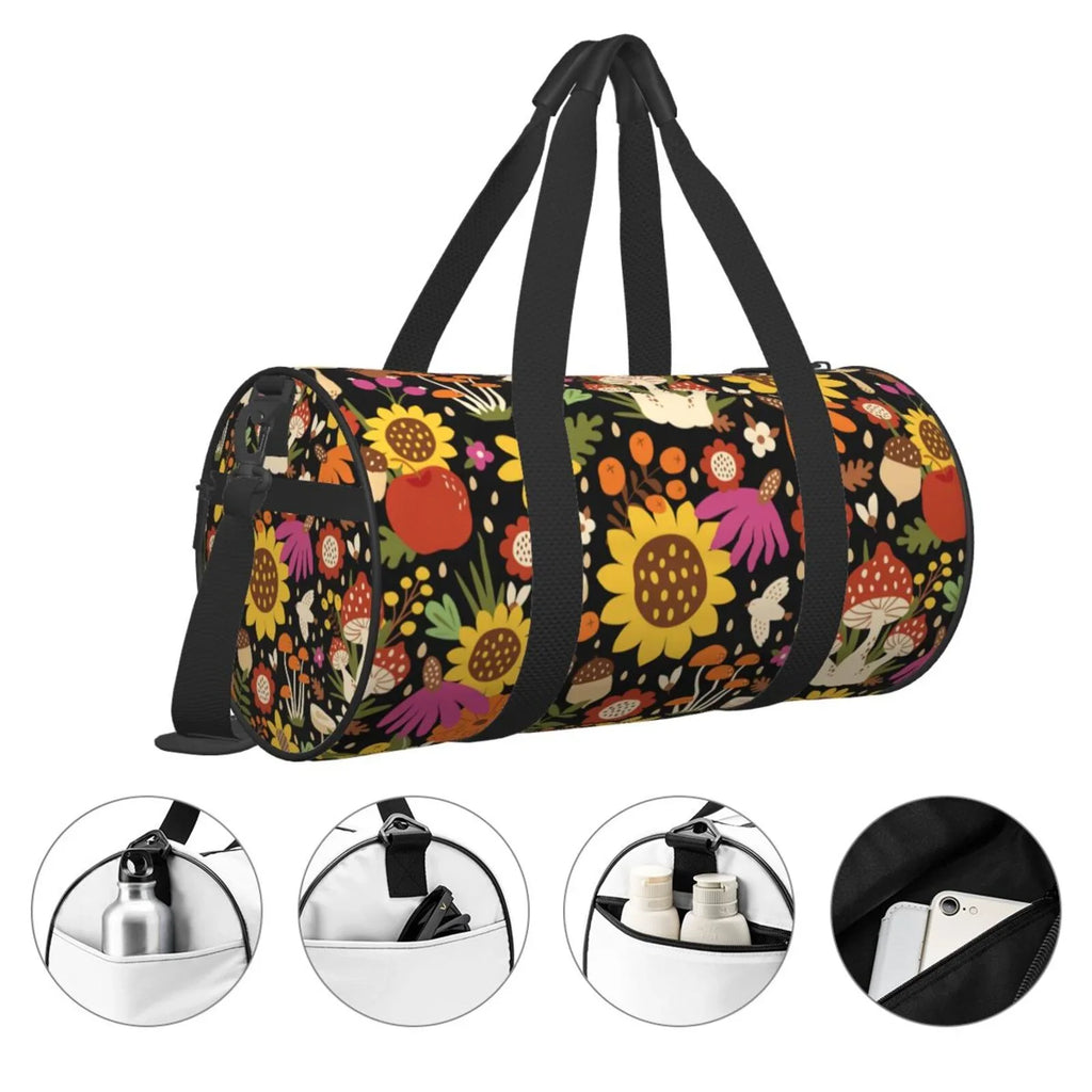 Bag Coaee Pocket with Travel and Capacity Waterproof Sports Bag Cylinder Bag Compartment Large Luggage Sunflowers Gym Mushrooms