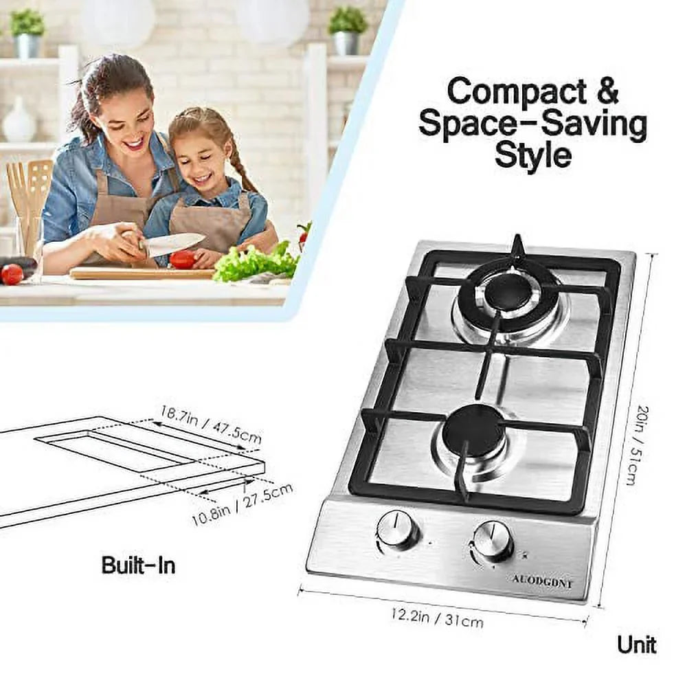 Stainless RVs, Stove Inches for Cooktop Steel Fuel to 2 Portable Gas Dual Gas LPG/NG Burners,12 Gas Built-in Hob Outdoor Easy Clean Apartments,
