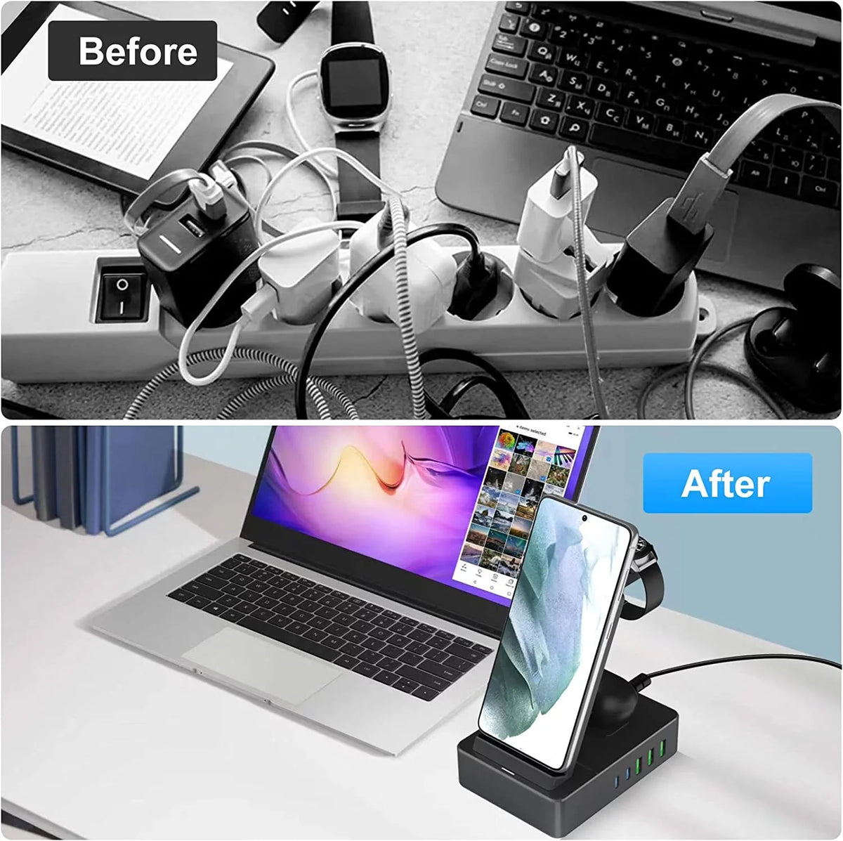 Sumsung, Fast 15W Charging Lidlife Usb 20W Charger Charging for Dock 8 100W AirPods for Port Wireless Compatible for Usb Multiple in Black with Devices, C a/ Station 1 Stand