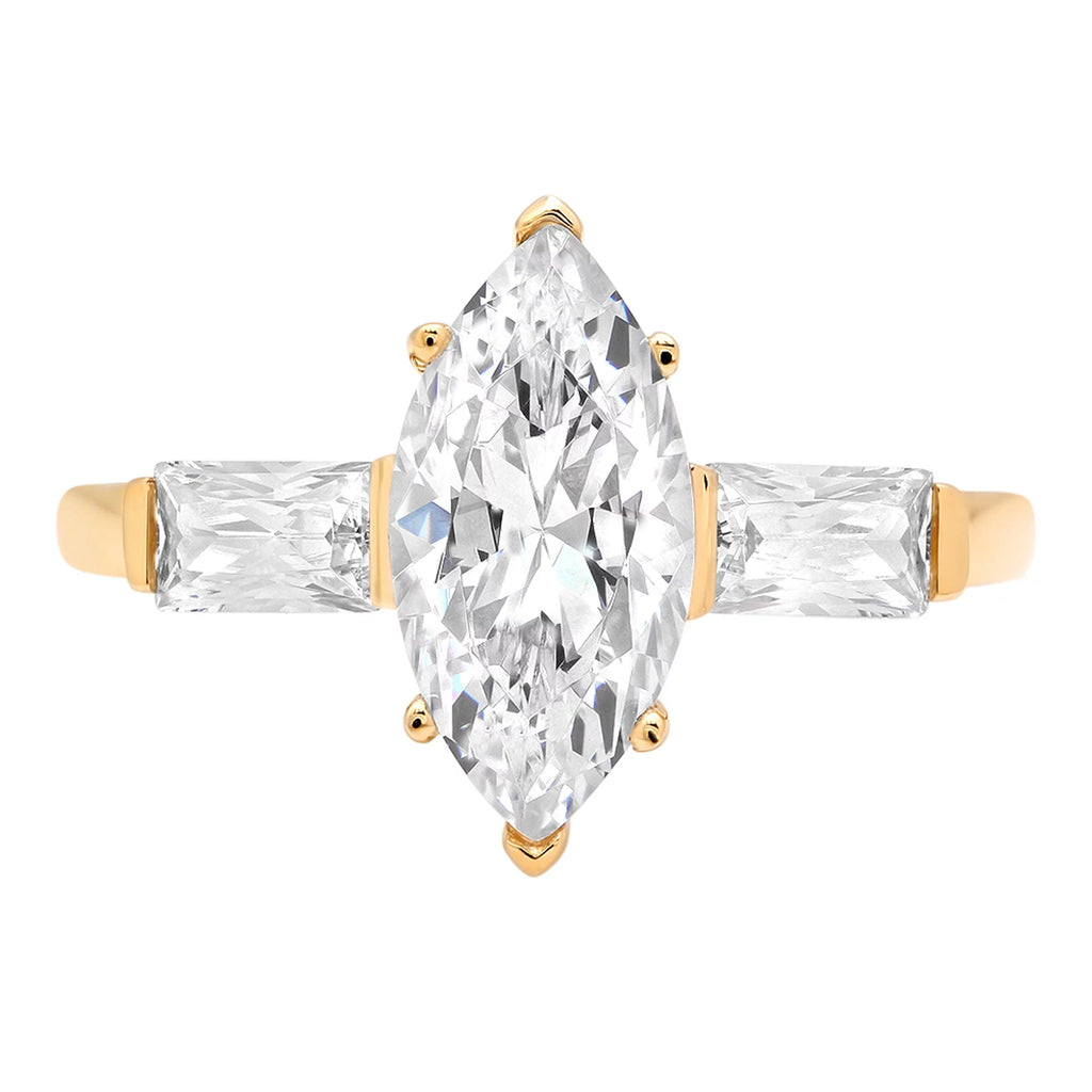 Yellow 2.0 Simulated 14k Marquise 10.5 Cut SZ Diamond Brilliant Gold Ring ct Three-Stone