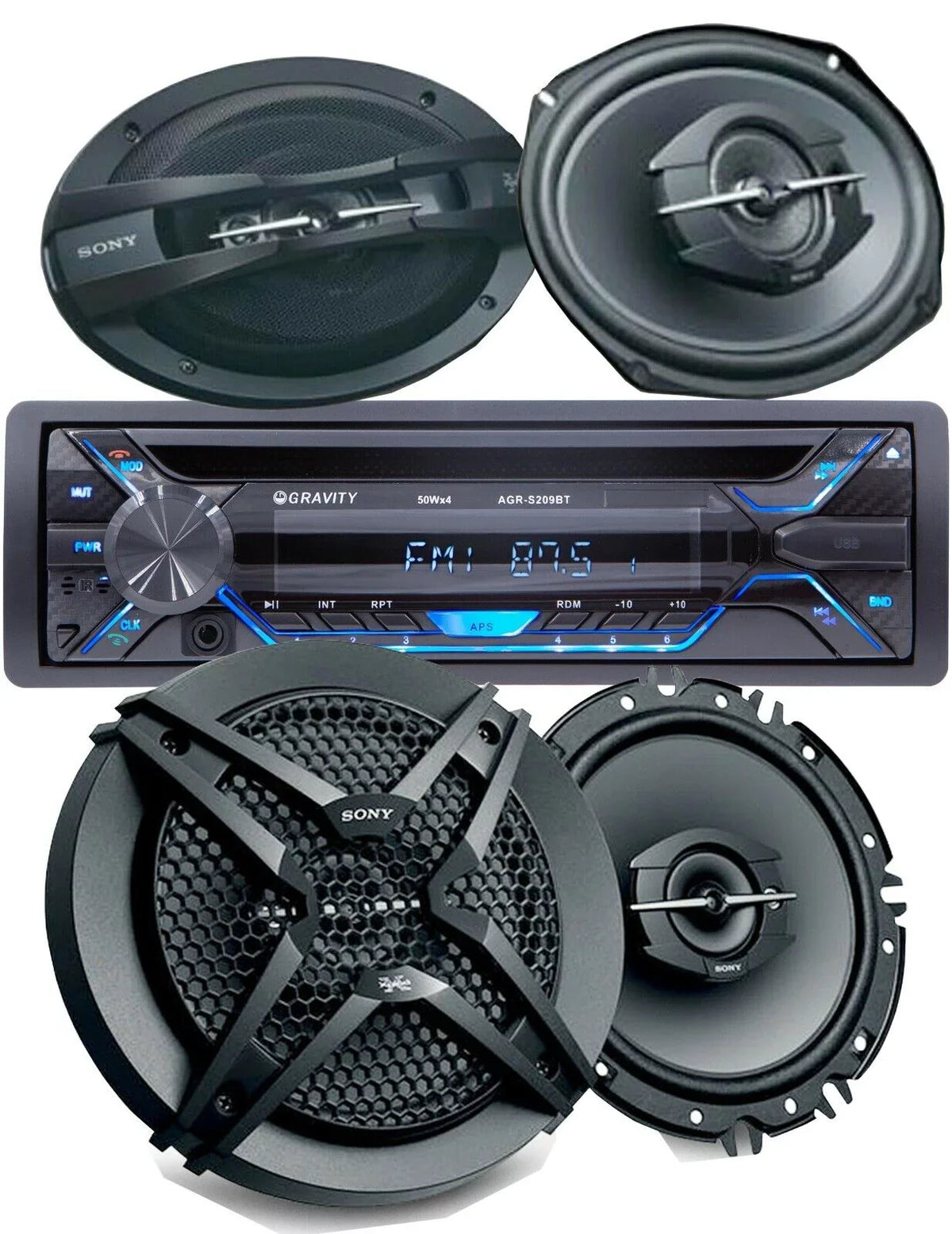 Car Bluetooth 6"x9" Bundle + CD 200w Receiver 6.5" SD, + SONY Audio 2x USB, w/ Speakers