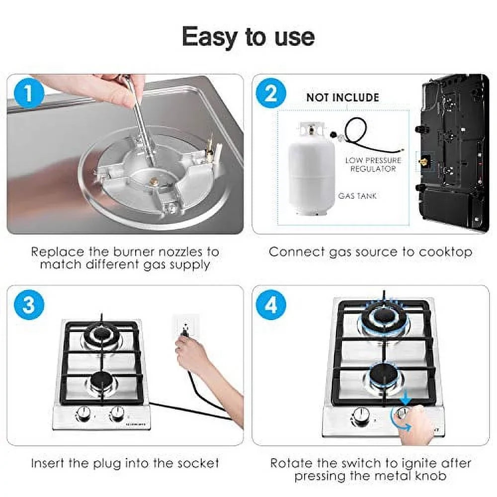 Stainless RVs, Stove Inches for Cooktop Steel Fuel to 2 Portable Gas Dual Gas LPG/NG Burners,12 Gas Built-in Hob Outdoor Easy Clean Apartments,