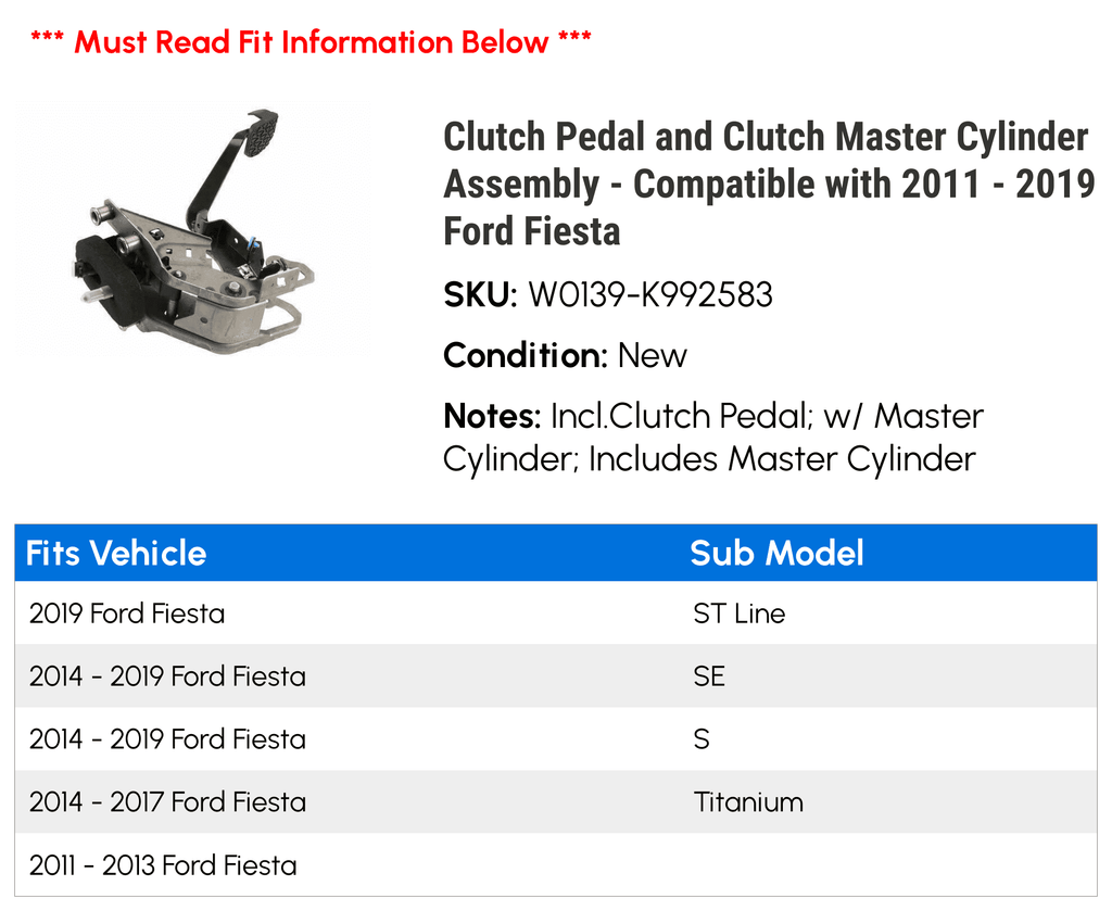 Master 2019 2018 with Compatible Fiesta Clutch 2011 Ford and 2015 2013 Pedal Clutch - 2012 2014 Cylinder - 2017 Assembly 2016