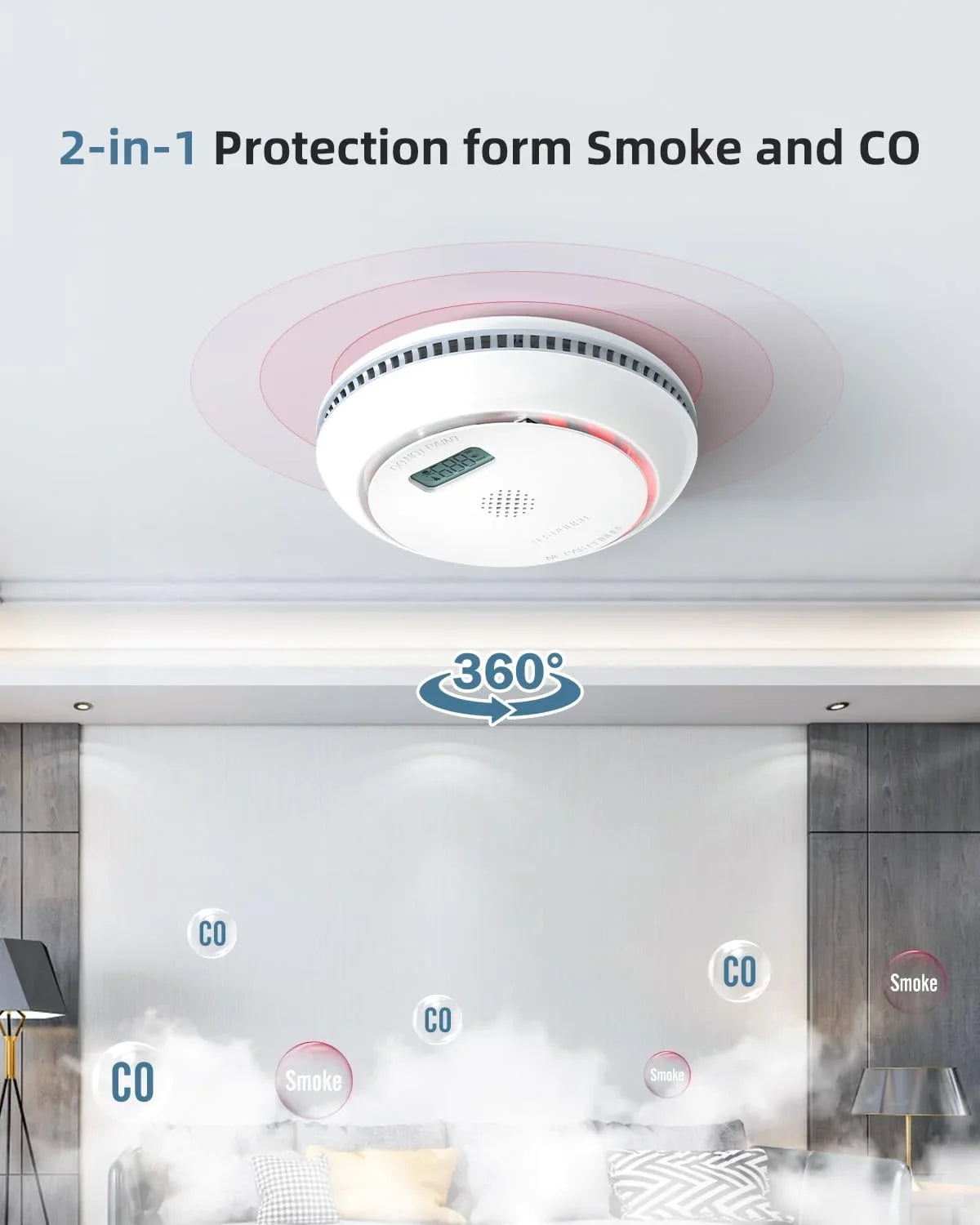 Smoke with Detector Alarm Monoxide LCD Fire 1 Interconnected in Button, Pack Wireless 1 Batteries, Detector SITERWELL AA CO and Display, with Test/Silence Carbon Detector Smoke Combo with 2 and CO 3