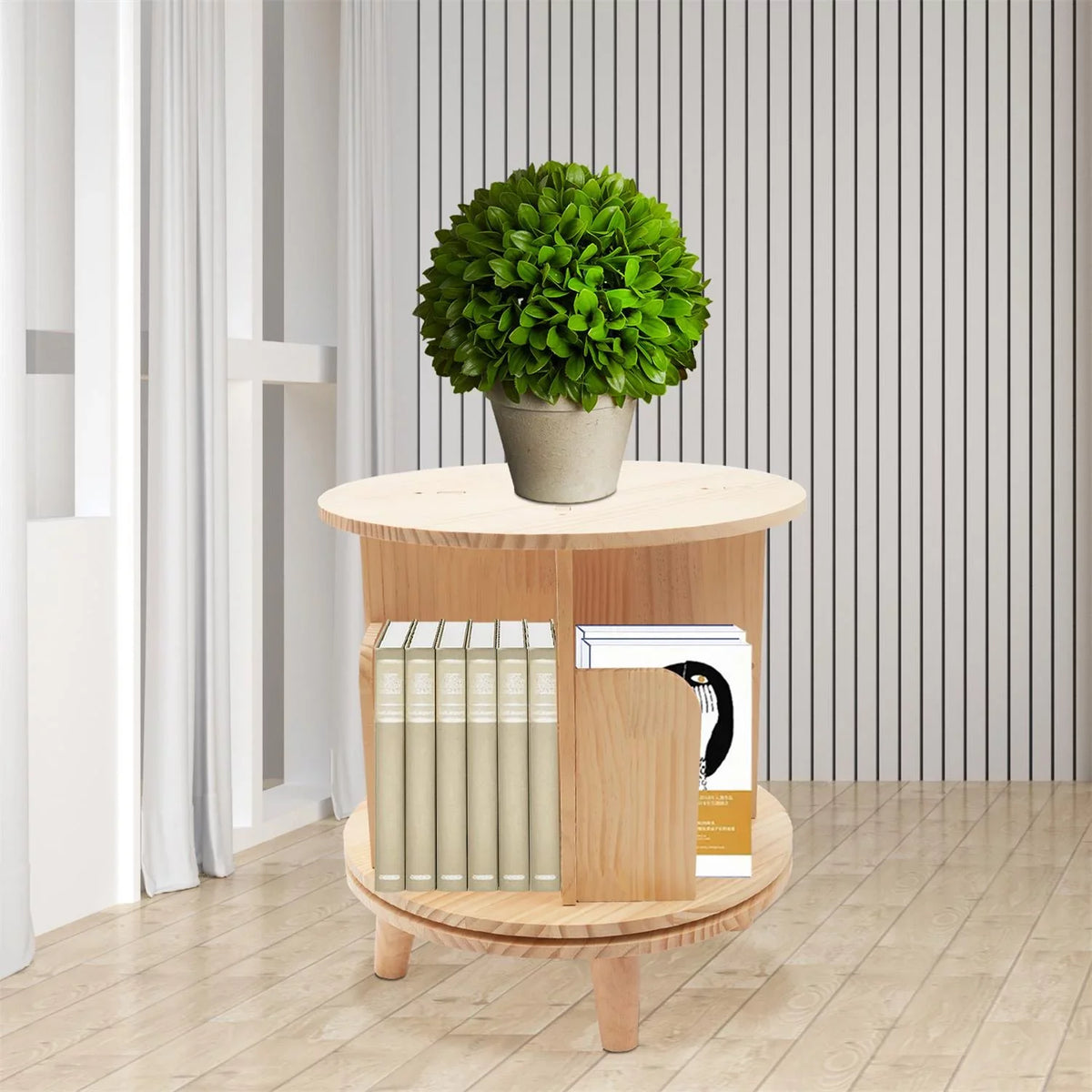 Table Standing YIYIBYUS Floor Rotating Rack Wooden Night Stand Bookshelf Organizer Bookcase Storage Bedside