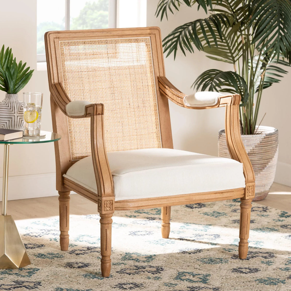 Finished Fabric Accent Studio Wood French Oak Beige Chair and Traditional Honey Baxton Garridan
