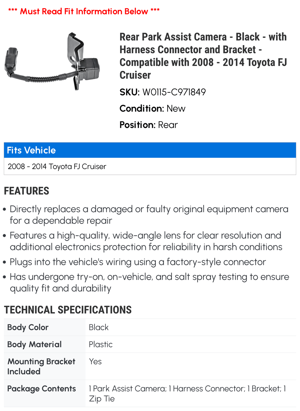 Bracket FJ Connector 2012 Cruiser - Park Camera with - Compatible Toyota 2011 Black 2013 - 2009 2010 - 2008 and Rear with Harness Assist 2014