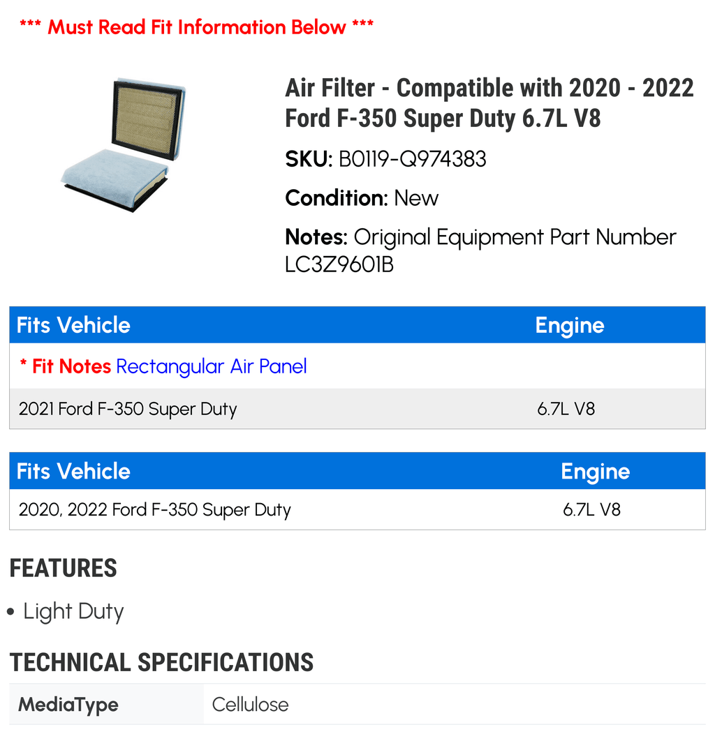 Duty Air 2022 Compatible V8 Ford with - - 2020 F-350 Super 2021 Filter 6.7L