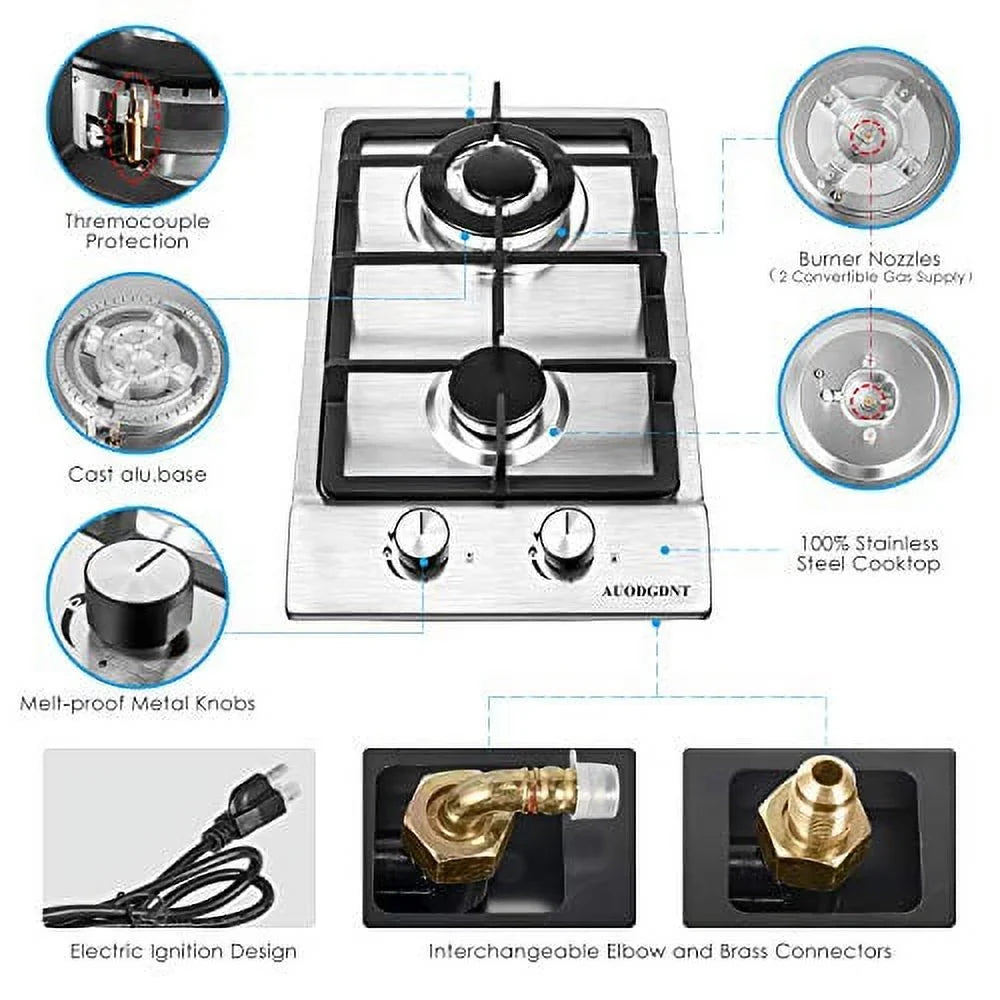 Stainless RVs, Stove Inches for Cooktop Steel Fuel to 2 Portable Gas Dual Gas LPG/NG Burners,12 Gas Built-in Hob Outdoor Easy Clean Apartments,