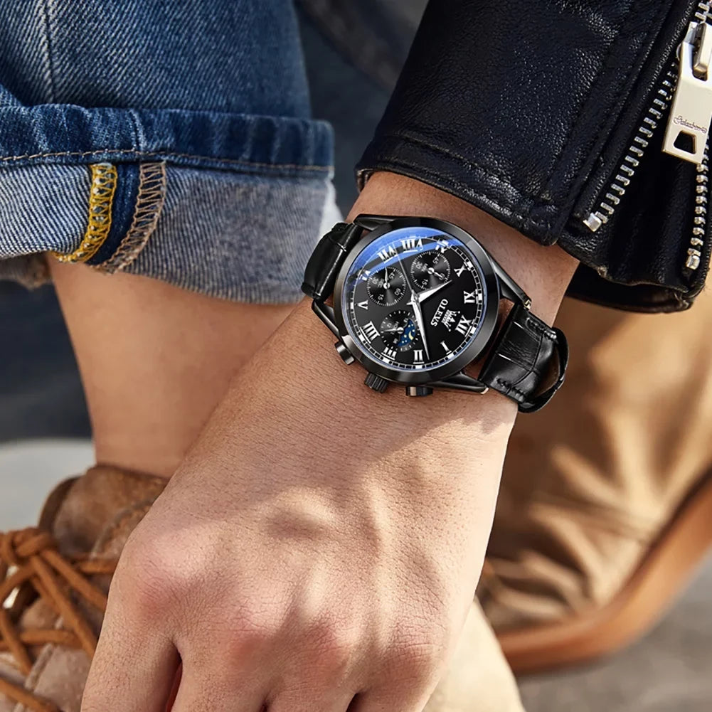 Watches Business Male for Reloj, with Watches Sports Mens Luxury Analog Luminous OLEVS Quartz Men Classic Strap Leather Wristwatch Waterproof Chronograph