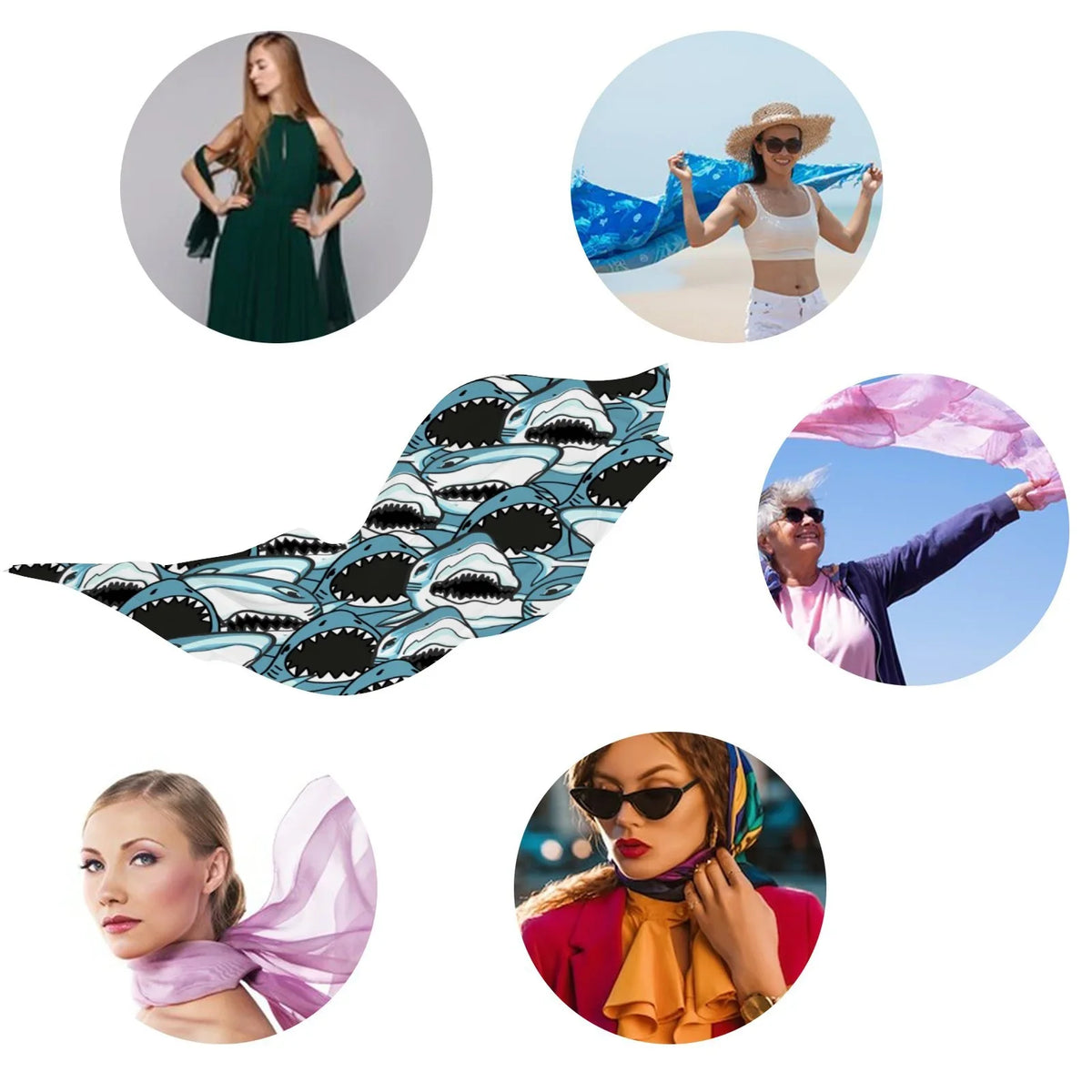 Packed Shark Scarf Wraps Gift Women for Angry Sunscreen FREEAMG Hair Headscarf Long Silk Oblong Shawls Wraps Large Neck