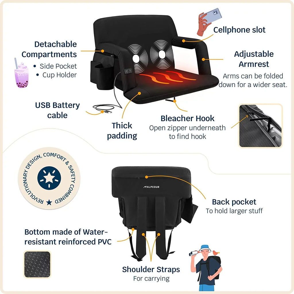 Seat Chair Heated Back Wide X-Wide Stadium Extra - Reclining Alpcour with Black Waterproof Support Thick Massage -