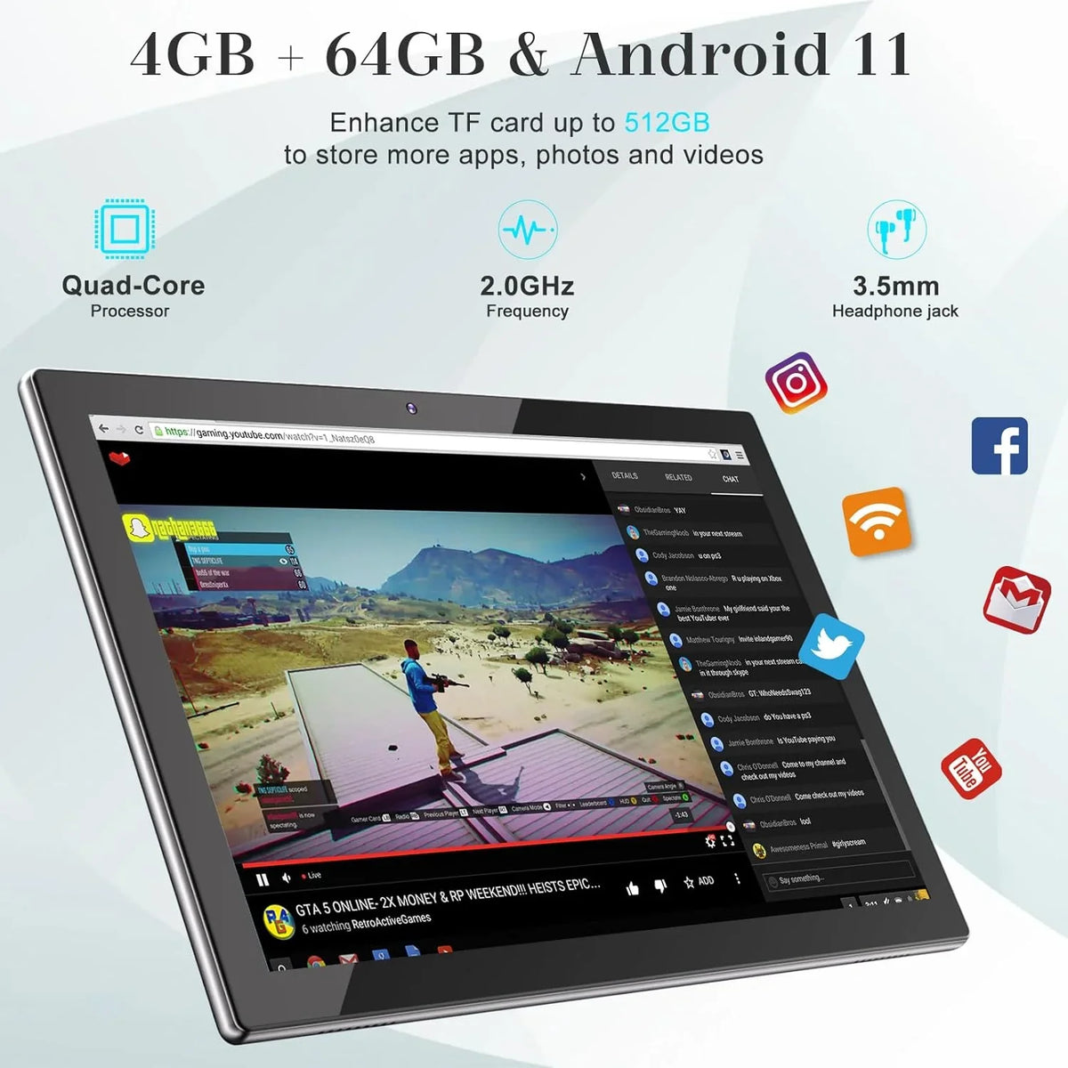 Camera Tableta Battery 11 6000mAh Keyboard/Mouse/Case/Stylus/Tempered Processor, 10.1 FHD 1 4GB Newest Tab Android ROM RAM+64GB Dual in Tablet, 10" Film, PC Inch 2 Tablets, 1280*800 Quad-Core with 8MP