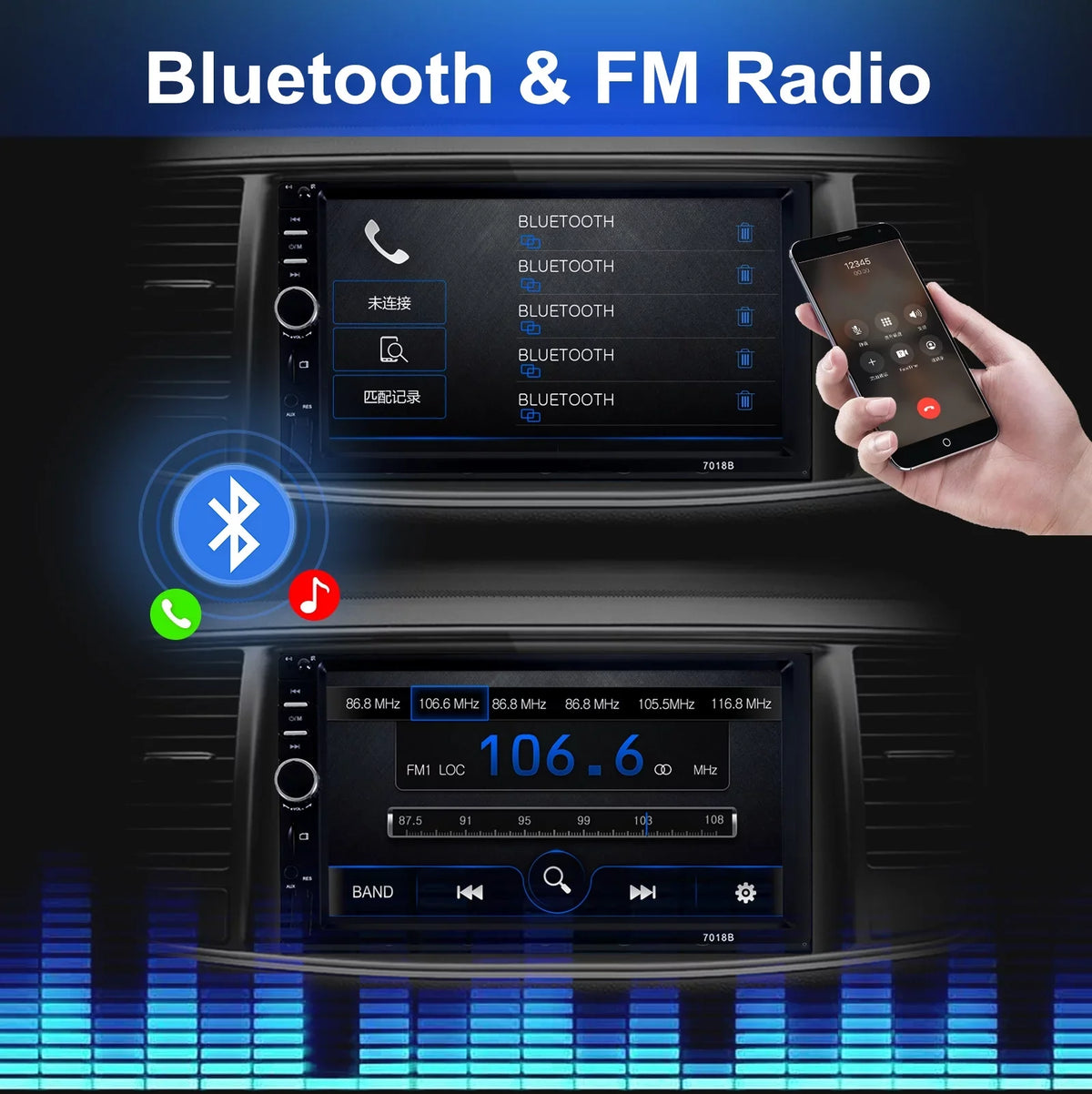 Camera Din Support Free - Backup Calling Car Stereo 7" Double Bluetooth Screen Car Radio Car Mirror with Radio Touch Hands Receiver Link/USB/SD/AUX, Radio Audio
