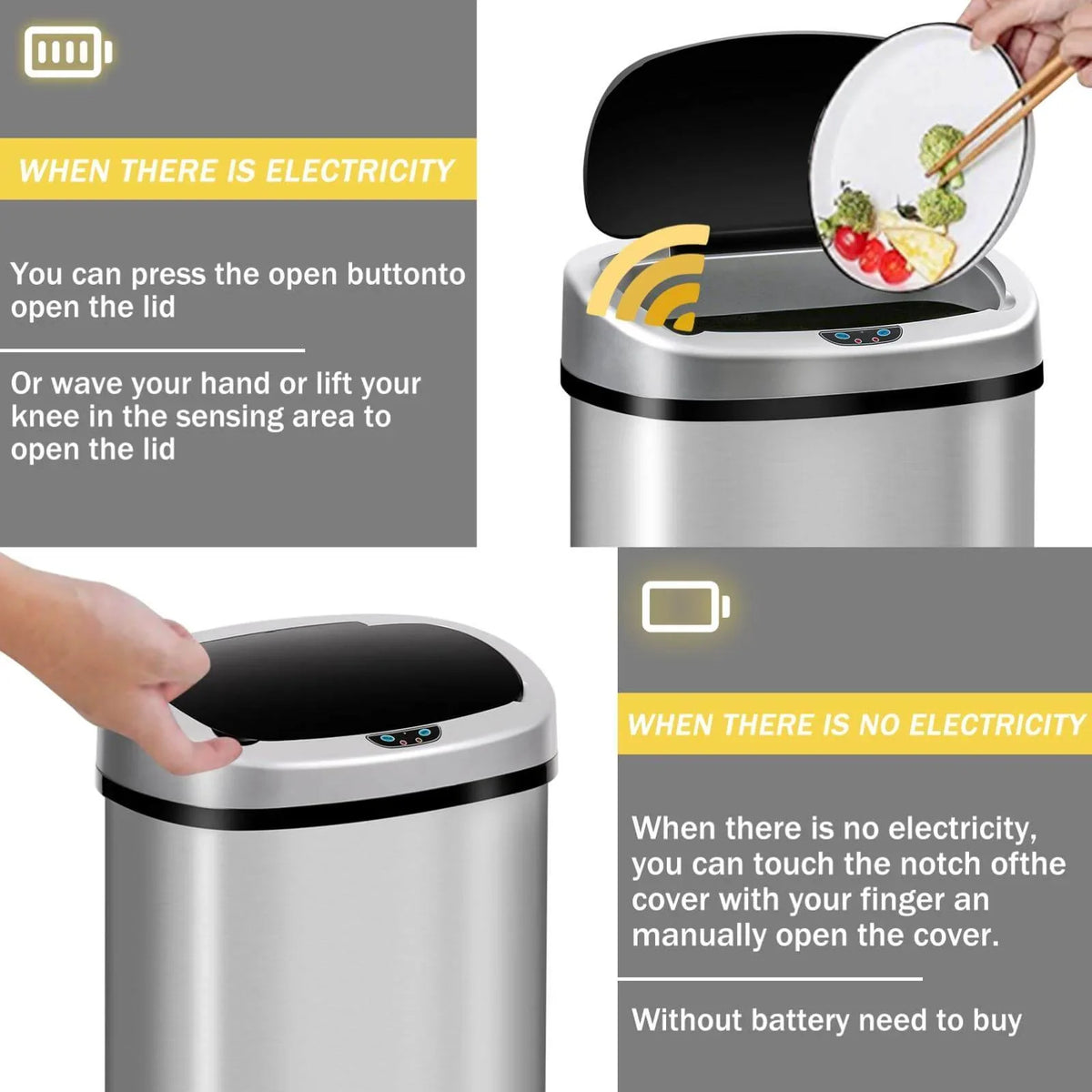 Automatic Trash Gallon Waste Steel Lid, Stainless with Motion Home, Mute 13 Office Garbage Designed Can Anti-Fingerprint Can Kitchen for with NiamVelo Sensor, Silver Bin & Touch-Free